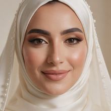 A bride in an ivory hijab with soft makeup